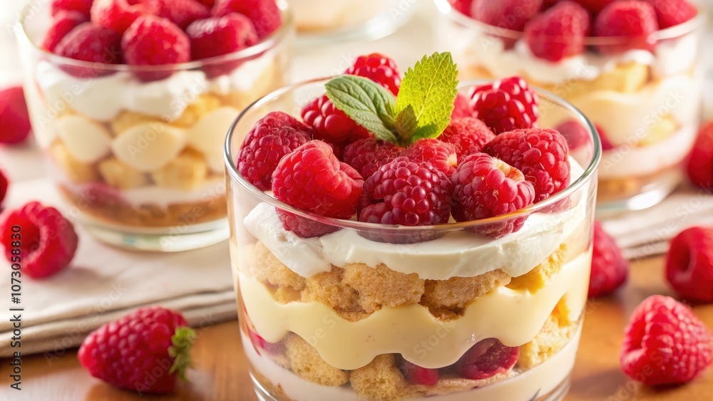 Layered dessert with whipped cream, custard, and fresh raspberries Layered dessert with whipped cream, custard, and fresh raspberries