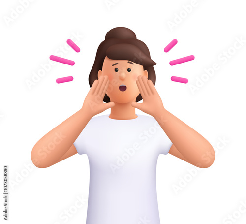 Woman calling for someone or screaming, holds hands near face. 3d vector people character. Cartoon minimal style.
