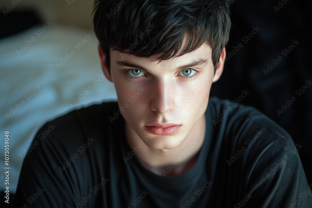 a young man with dark short hair and gray--blue eyes wearing a black T--shirt a young man with dark short hair and gray--blue eyes wearing a black T--shirt