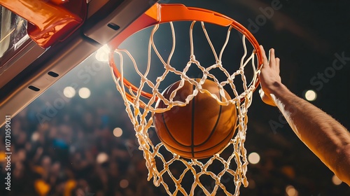 Dynamic basketball player performs incredible slam dunk