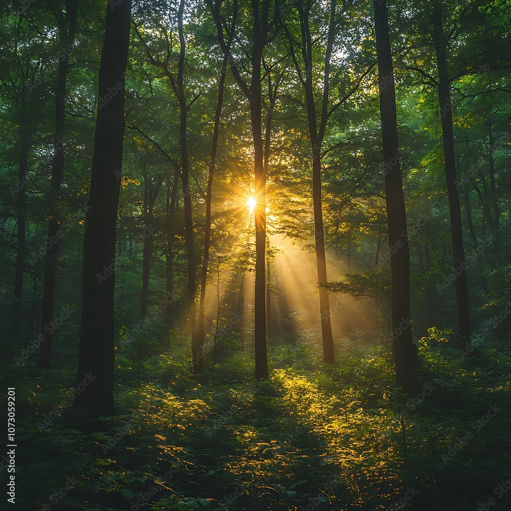 Obraz premium Peaceful forest view with warm sunlight illuminating lush green canopy picture