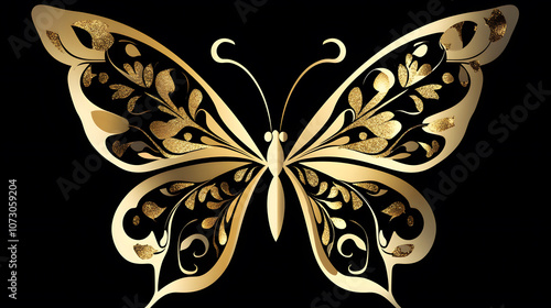 A striking gold and black butterfly design featuring intricate patterns and elegance against a dark background.