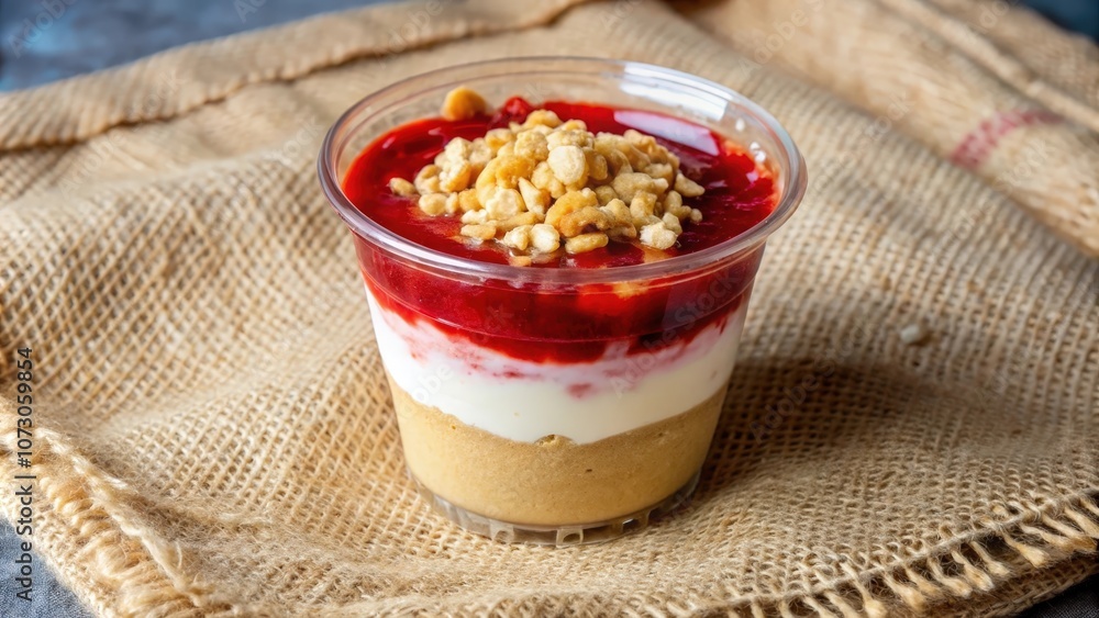 Layered Dessert with Strawberry Topping and Toasted Crumble in a Clear Cup on Burlap Fabric Layered Dessert with Strawberry Topping and Toasted Crumble in a Clear Cup on Burlap Fabric