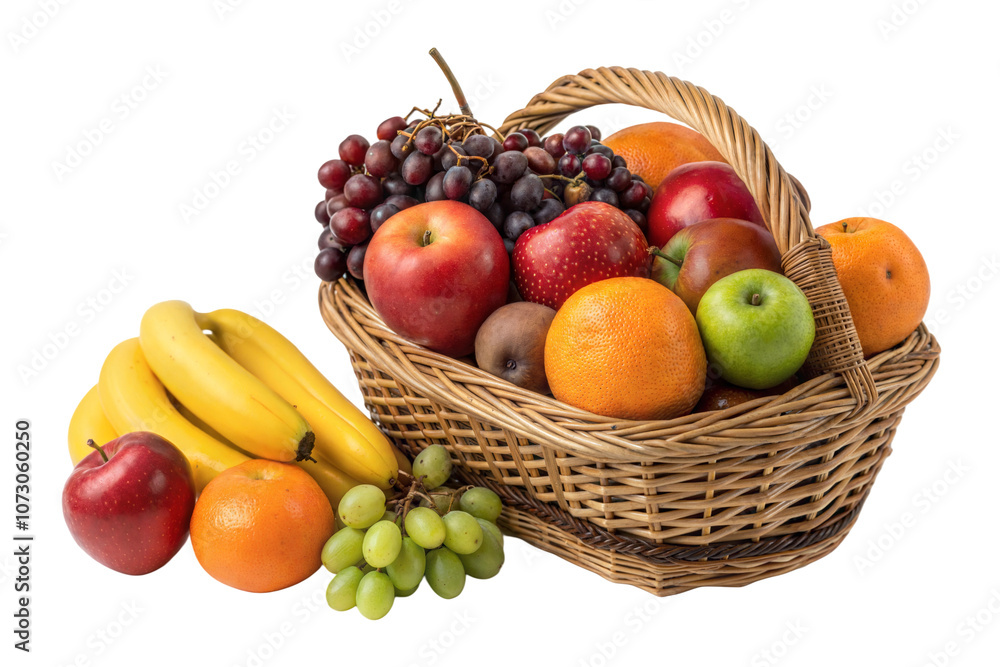 A basket filled with assorted fresh fruits on a transparent or white isolated background. A basket filled with assorted fresh fruits on a transparent or white isolated background.