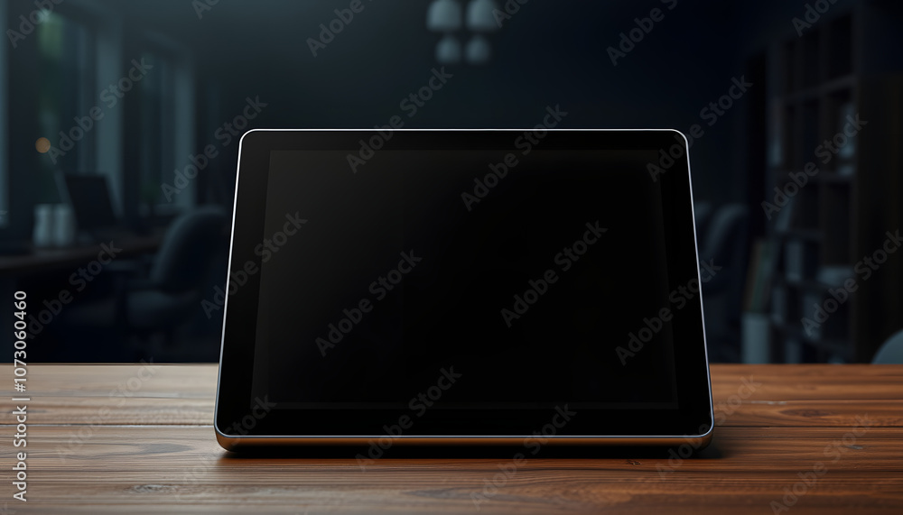 Digital tablet mockup and copy space on wooden tabletop over the dark office in background isolated with white highlights, png Digital tablet mockup and copy space on wooden tabletop over the dark office in background isolated with white highlights, png