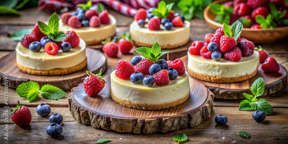 Delightful Homemade Cheesecakes Displayed on a Rustic Wooden Table with Fresh Berries and Mint, Capturing the Essence of Candid Baking Moments Delightful Homemade Cheesecakes Displayed on a Rustic Wooden Table with Fresh Berries and Mint, Capturing the Essence of Candid Baking Moments