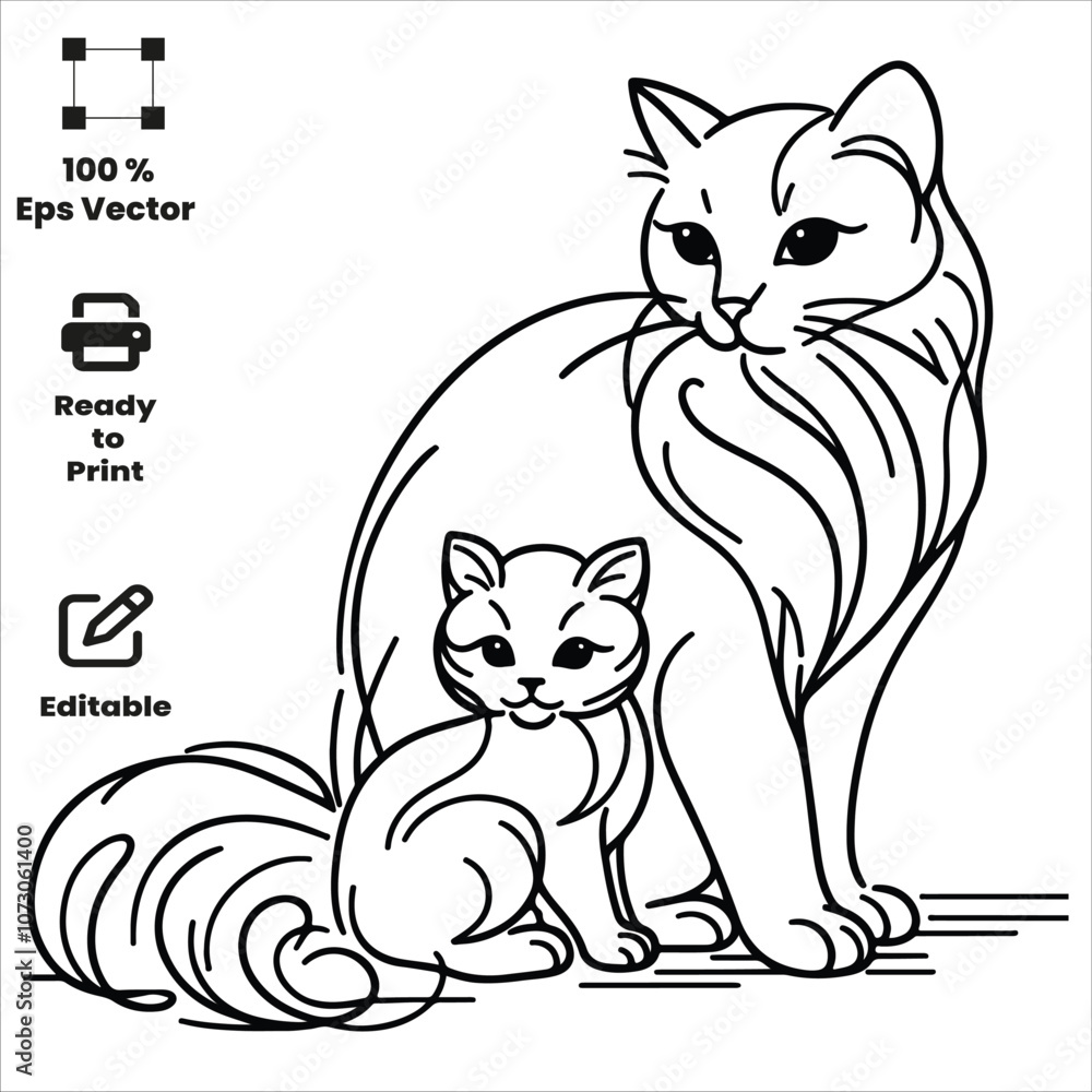 Fototapeta premium Cute Adorable Cat with kitten Coloring pages for kids coloring Book, Hand drawn bold line art, sketch coloring Activity book vector illustration