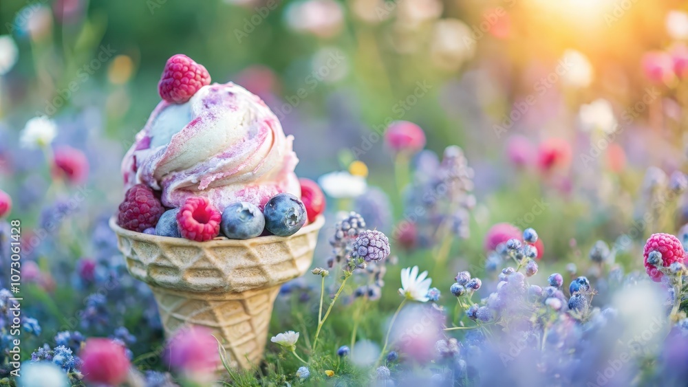 A Delicious Ice Cream Cone Adorned with Raspberries and Blueberries Resting in a Lush Field of Wildflowers A Delicious Ice Cream Cone Adorned with Raspberries and Blueberries Resting in a Lush Field of Wildflowers