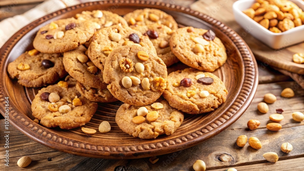 A close-up image of a plate of freshly baked cookies with various nuts and chocolate chips on a rustic wooden background. A close-up image of a plate of freshly baked cookies with various nuts and chocolate chips on a rustic wooden background.