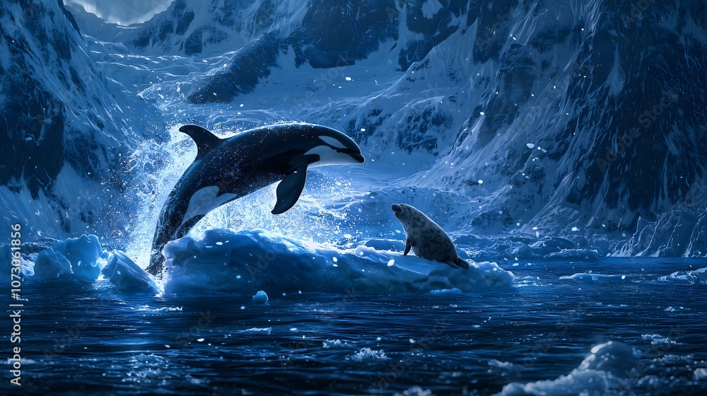 Obraz premium Orca launches dramatic attack on seal amid iceberg landscape