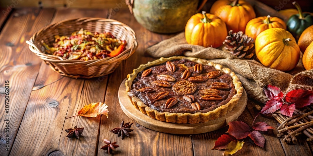 Fototapeta premium A rustic autumnal scene featuring a pecan pie on a wooden table surrounded by pumpkins, fall leaves, and star anise.