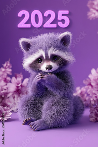 New Year Cards: 2025-themed Cute Neon Background Baby Raccoon Illustrations photo