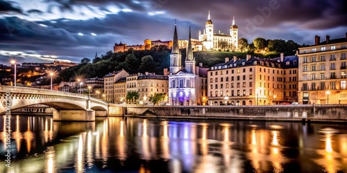Fototapeta Naklejka Na Ścianę i Meble -  Discovering Lyon, France at Night: A Stunning Low-Light Photography Scene of the City’s Iconic Landmarks and Beautiful River Reflections under a Starry Sky