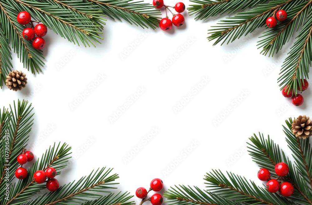 Christmas frame made of tree branches, red berries and pine cones on white background with isolated copy space Christmas frame made of tree branches, red berries and pine cones on white background with isolated copy space