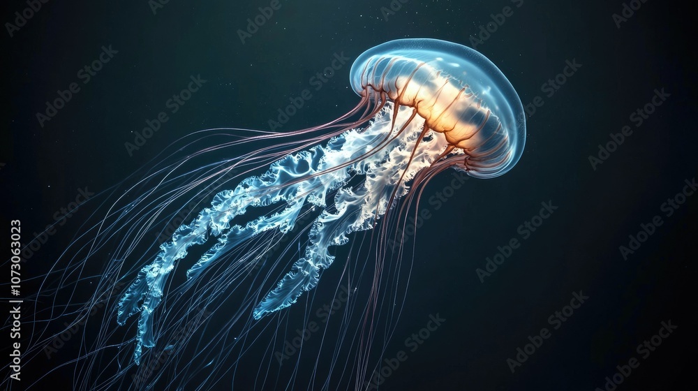 Fototapeta premium Transparent jellyfish illuminated against a dark background in a large aquarium, their bodies gliding elegantly in deep water.