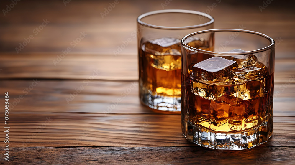 Two Glasses of Whiskey with Ice on Wooden Table - Realistic Image Two Glasses of Whiskey with Ice on Wooden Table - Realistic Image