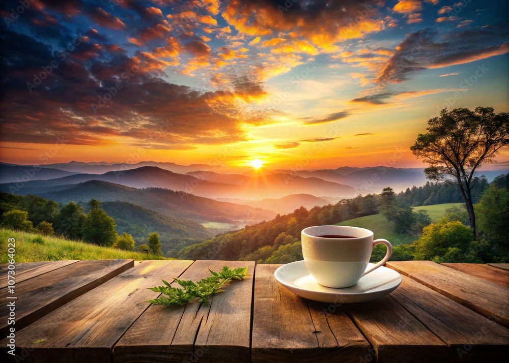 Tranquil Sunset Reflection: A Simple Mug of Coffee on a Table Surrounded by the Vibrant Hues of Dusk, Perfect for Cozy Moments and Serene Landscapes Tranquil Sunset Reflection: A Simple Mug of Coffee on a Table Surrounded by the Vibrant Hues of Dusk, Perfect for Cozy Moments and Serene Landscapes