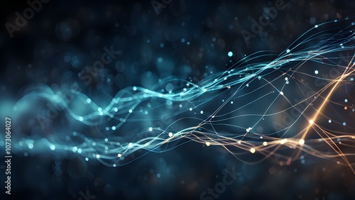 Abstract wave patterns with glowing particles on a dark background.