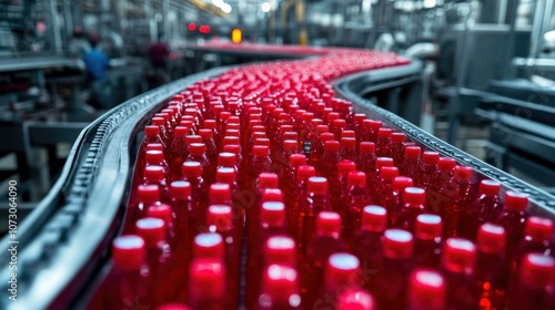 Spacious view of beverage production facility, top conveyor belts moving energy drink bottles for capping and inspection. photo