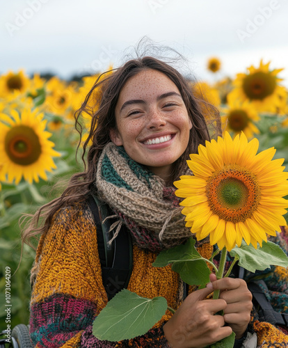 A joyful person holds a vibrant sunflower in a field full of sunflowers, radiating happiness and a connection to nature.