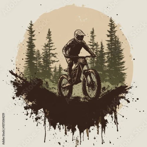 Mountain biker riding through a forest with a splash of brown paint in the background. photo