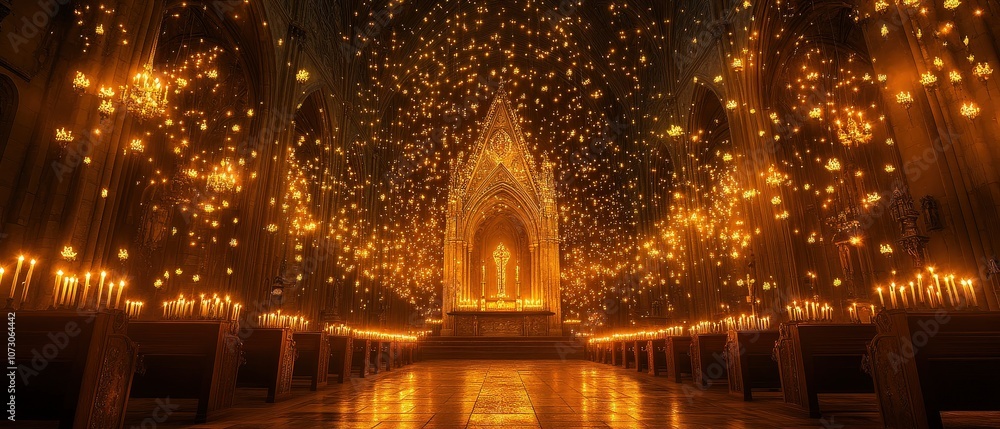 Obraz premium A mystical space filled with glowing candles and ethereal light creates a serene atmosphere.