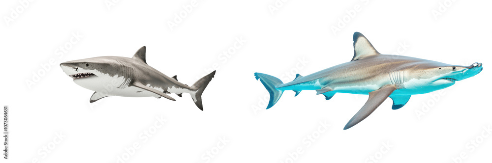 Fototapeta premium Great White Shark and Blacktip Shark Swimming in the Ocean on transparent background