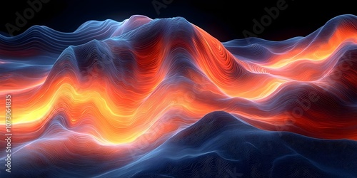 An abstract visualization of vibrant glowing waves, showcasing fluid shapes in shades of orange and deep blue, set against a dark background, evoking a sense of energy and movement.