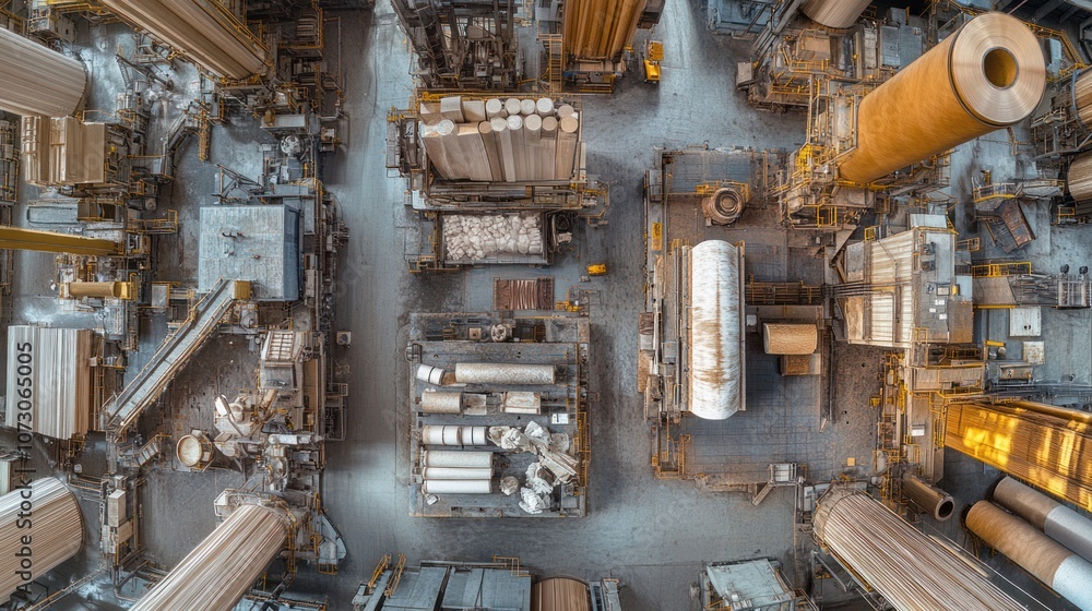 Top-view panorama of a paper mill production line, showcasing an uninterrupted flow from pulp to rolled paper sheets, with quality control stations and packaged rolls. Top-view panorama of a paper mill production line, showcasing an uninterrupted flow from pulp to rolled paper sheets, with quality control stations and packaged rolls.