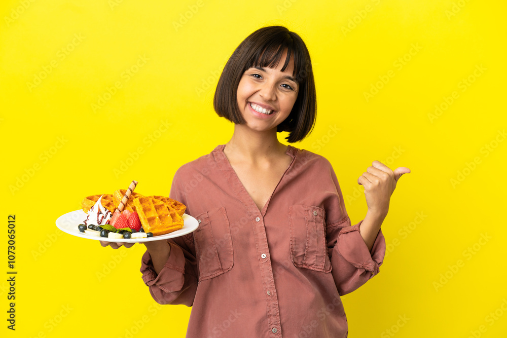 Pregnant woman holding waffles isolated on yellow background pointing to the side to present a product Pregnant woman holding waffles isolated on yellow background pointing to the side to present a product