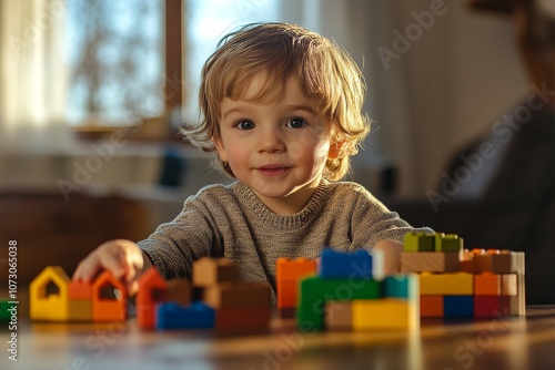 Child engaged in play with colorful toy blocks, encouraging creativity and imagination