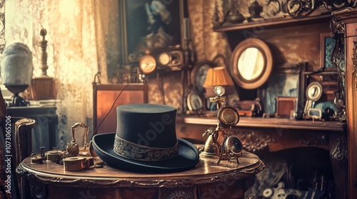 Antique Hat on Table in Vintage Room Setting