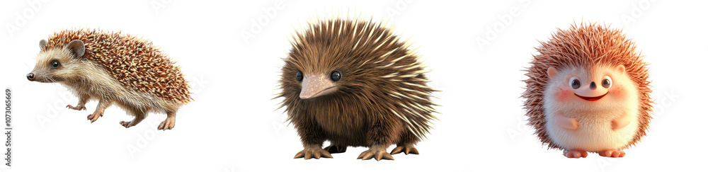 Fototapeta premium Cute Cartoon Hedgehog Trio European Spiky and Echidna Animals on transparent background