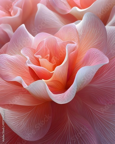 Delicate pink and white rose petals entwine in a soft, dreamy display, showcasing intricate textures and gentle gradients that evoke a sense of tranquility and beauty.