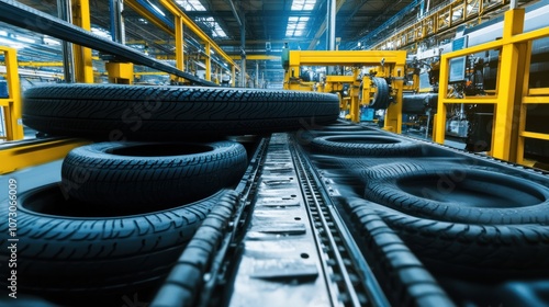 Wide-angle of tire manufacturing production line on top, rubber processing and quality control sections below. photo