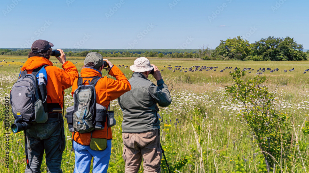 A group of enthusiastic birdwatchers stands amid vibrant green grasses, focused on a flock of geese migrating across a scenic wetland, under clear blue skies on a bright spring day. A group of enthusiastic birdwatchers stands amid vibrant green grasses, focused on a flock of geese migrating across a scenic wetland, under clear blue skies on a bright spring day.