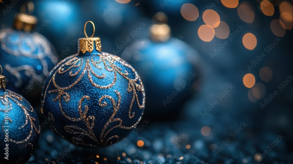 Dark blue Christmas decoration balls on dark background. Merry christmas and happy new year greeting card with copy space for text Dark blue Christmas decoration balls on dark background. Merry christmas and happy new year greeting card with copy space for text