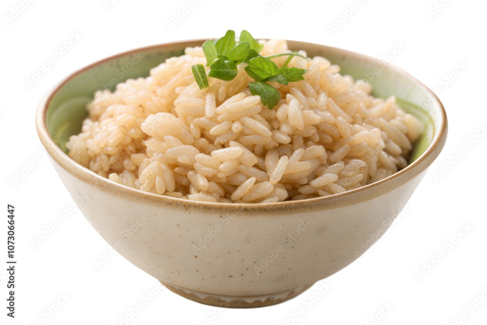 Bowl of rice topped with fresh herbs, transparent or white isolate background Bowl of rice topped with fresh herbs, transparent or white isolate background