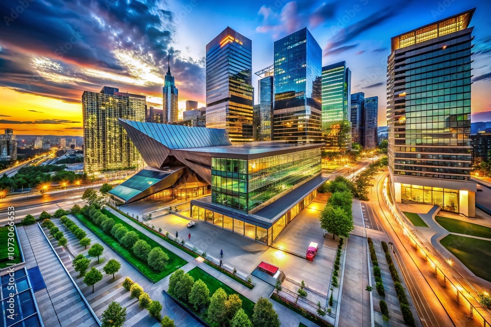 Fototapeta premium Transform Modern Architecture: A High-Angle View Showcasing Sleek Lines and Unique Design Elements for Striking Visual Impact in Captivating Conceptual Photography