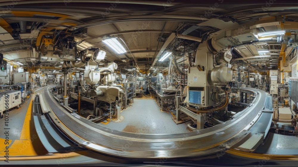Wide-angle panorama of high-tech electronics production line, featuring conveyor belts and robotic arms in action Wide-angle panorama of high-tech electronics production line, featuring conveyor belts and robotic arms in action