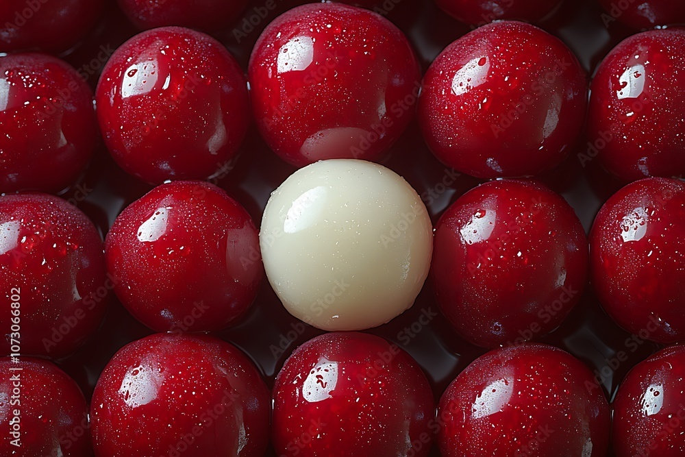 One white plum among many red plums. One white plum among many red plums.