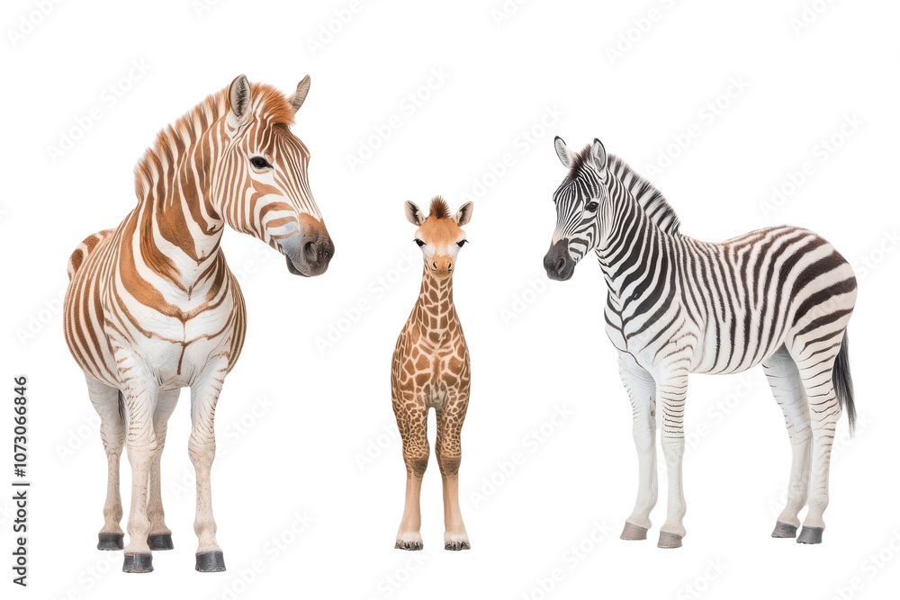 Obraz premium Zebra Giraffe and Okapi on transparent background