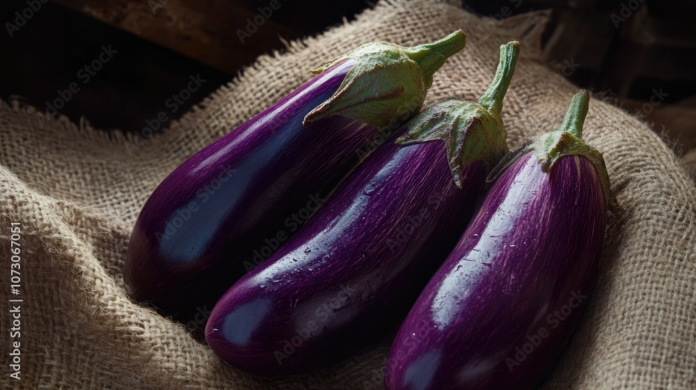 Close-up of Dutch eggplants with a vibrant purple hue resting on rustic burlap fabric, emphasizing their smooth and glossy texture. Close-up of Dutch eggplants with a vibrant purple hue resting on rustic burlap fabric, emphasizing their smooth and glossy texture.
