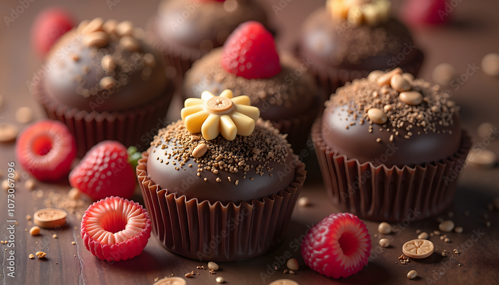 Deliciously crafted chocolate treats adorned with raspberry and floral decorations for Chocolate Day celebration Deliciously crafted chocolate treats adorned with raspberry and floral decorations for Chocolate Day celebration