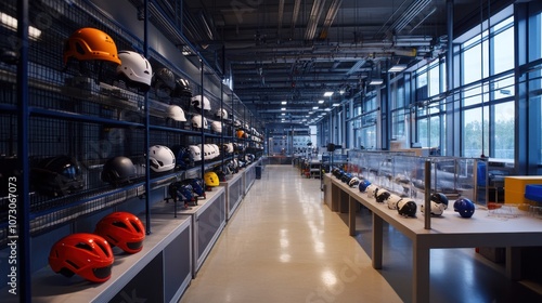 Wide-angle shot of a sports equipment production line, capturing stages for cutting, assembling, and inspecting equipment like helmets and shin guards. photo