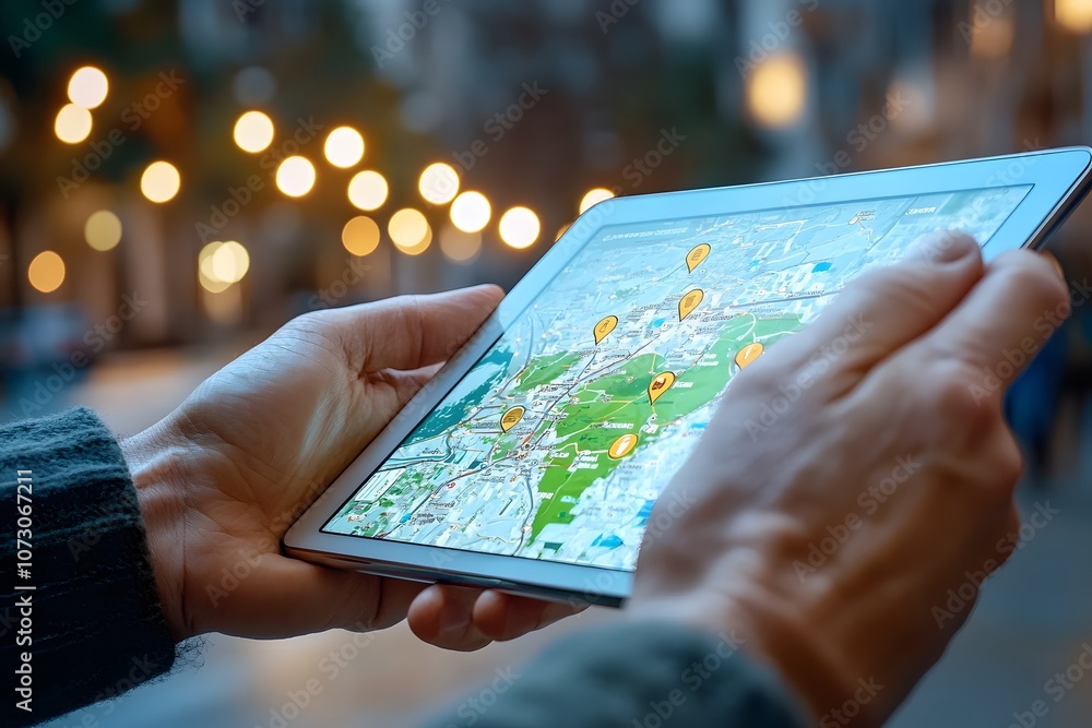 In the foreground, two hands hold a tablet displaying digital maps and icons of container trucks. In the background In the foreground, two hands hold a tablet displaying digital maps and icons of container trucks. In the background