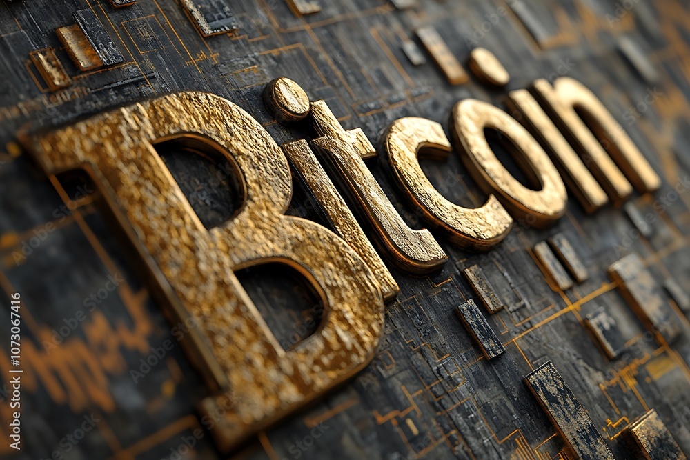 Gold Bitcoin Sign on a Circuit Board Gold Bitcoin Sign on a Circuit Board