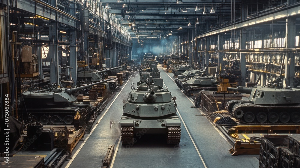 Wide panorama of a tank factory floor, showing workers installing tracks, fitting armored panels, and mounting weapon systems on tank chassis. Wide panorama of a tank factory floor, showing workers installing tracks, fitting armored panels, and mounting weapon systems on tank chassis.