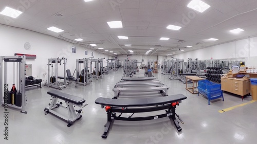 Wide panorama of the fitness equipment assembly line, featuring conveyor belts moving weights, machines, and fitness benches through quality control and packaging. photo