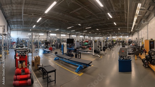 Wide panorama of the fitness equipment assembly line, featuring conveyor belts moving weights, machines, and fitness benches through quality control and packaging. photo